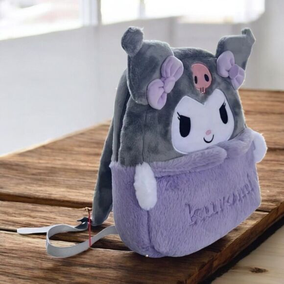 Hello Kitty Backpack Kuromi Embroidered Plush Furry Black 15" Book Bag Sanrio - Picture 2 of 4